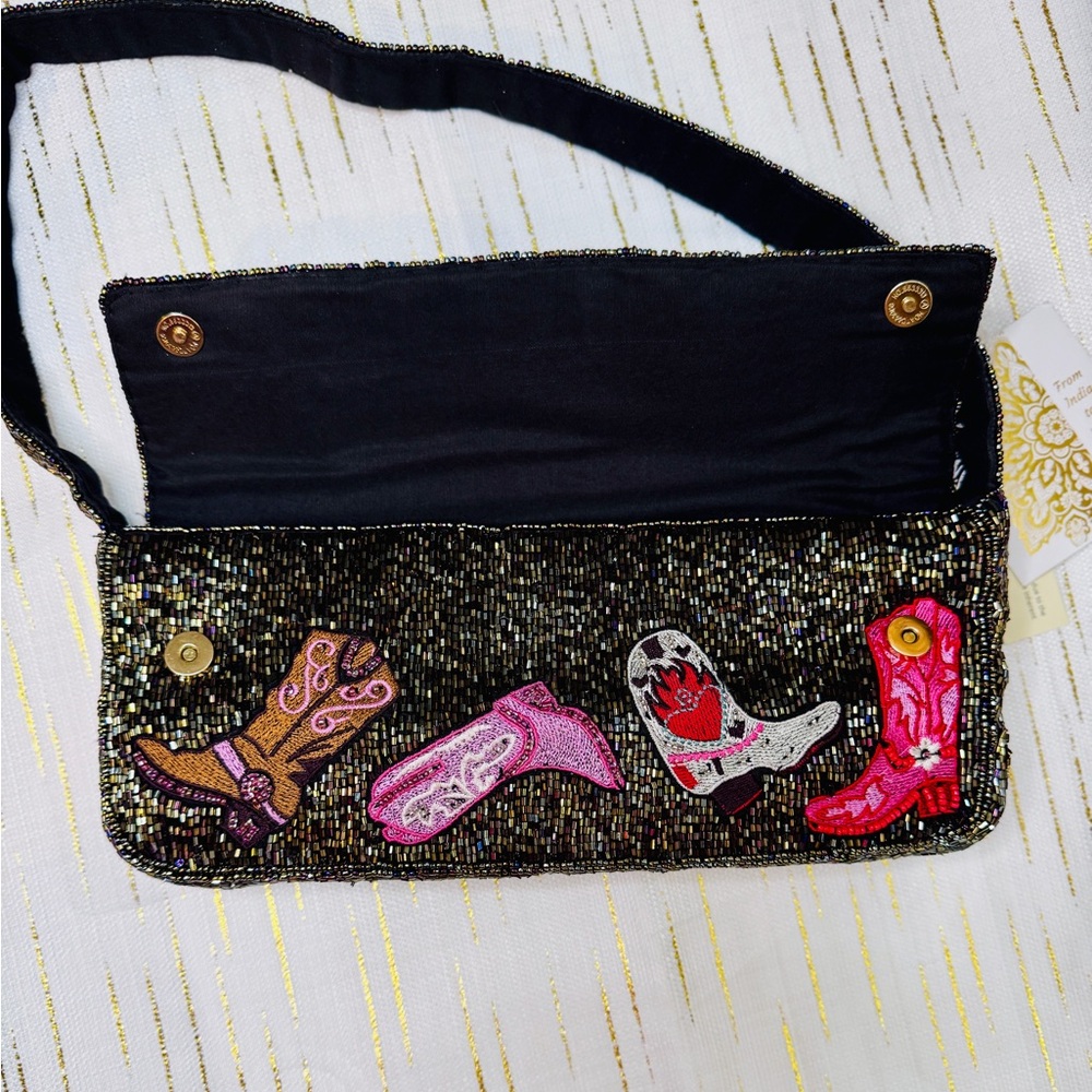 Viral Cowboy Boot Beaded Shoulder Bag Black Western Rodeo Purse Y2K - Picture 7 of 12